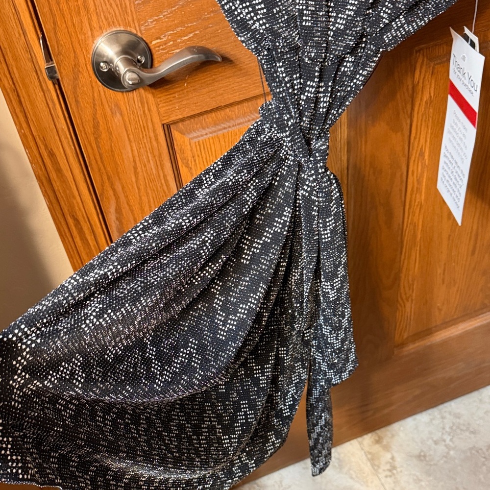 SLNT 14W Sparkly Black and Silver Slinky Dress with Tie at Waist NEW Comfortable - Picture 3 of 11